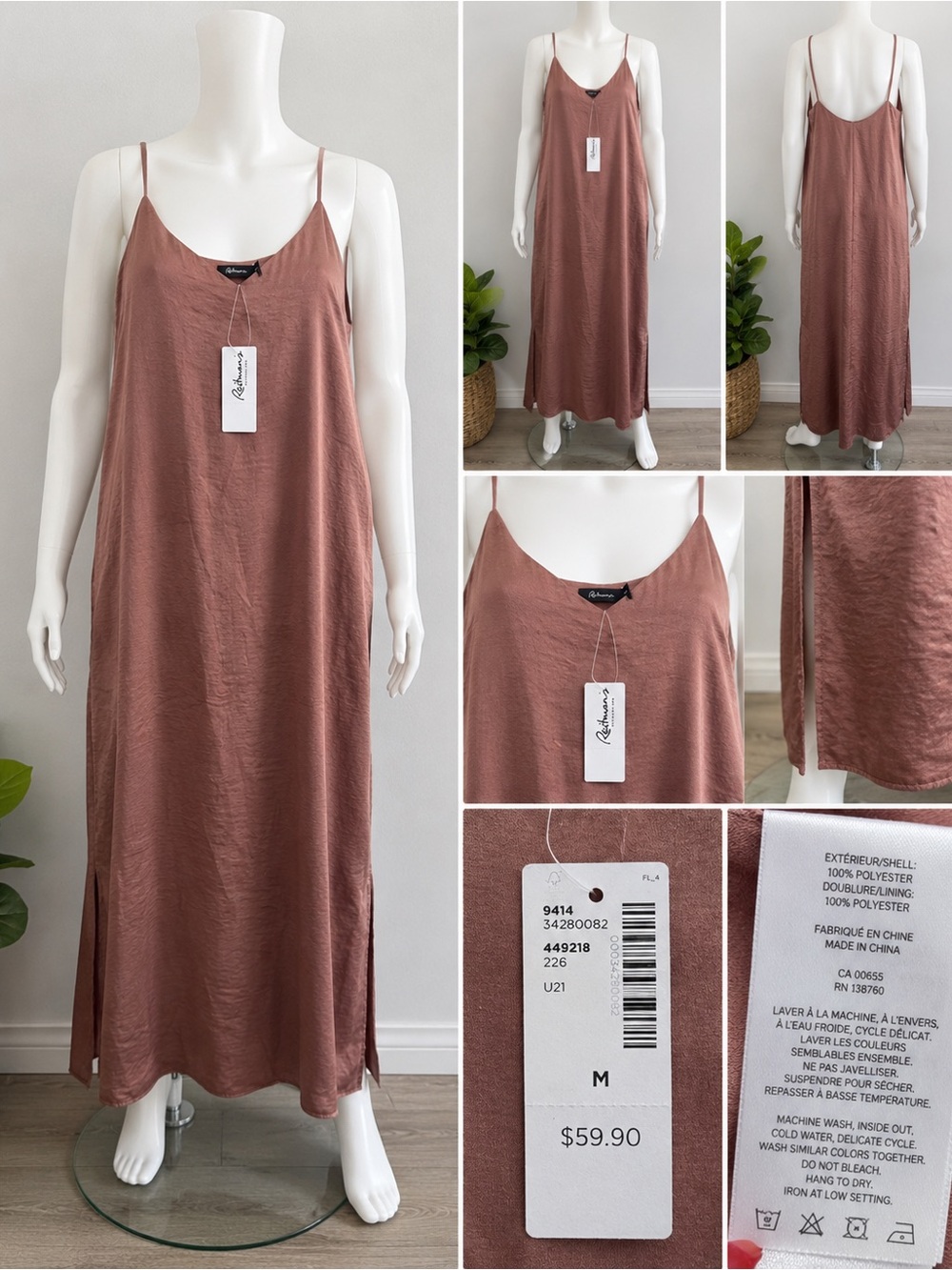 Reitmans Women’s Maxi Slip Dress Mauve Satin Look Side Slit NWT Size M